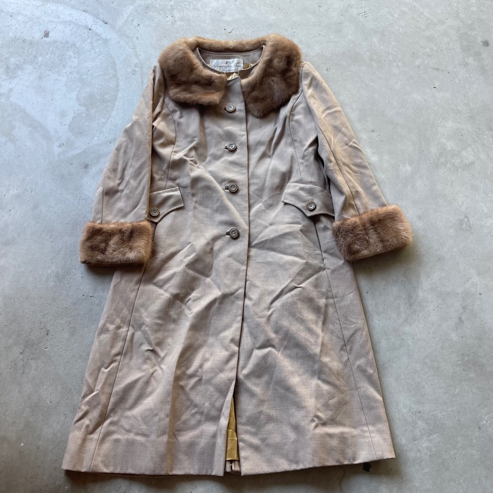 Flemington Furs Vintage Mink Trim Coat Tan Long Button Front Wool Blend 20x40